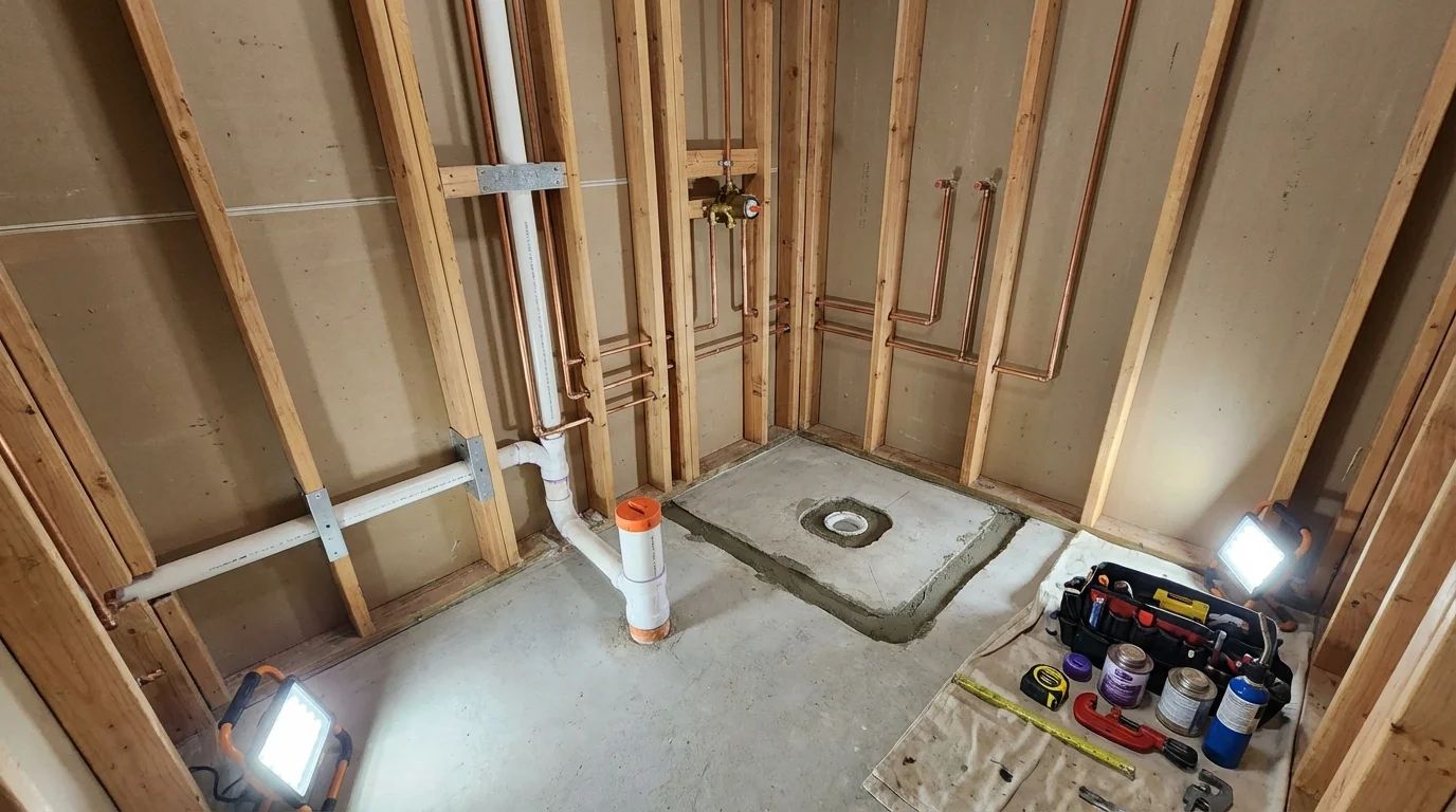 Bathroom rough-in plumbing during remodel by Johns Plumbing LLC in West Hollywood