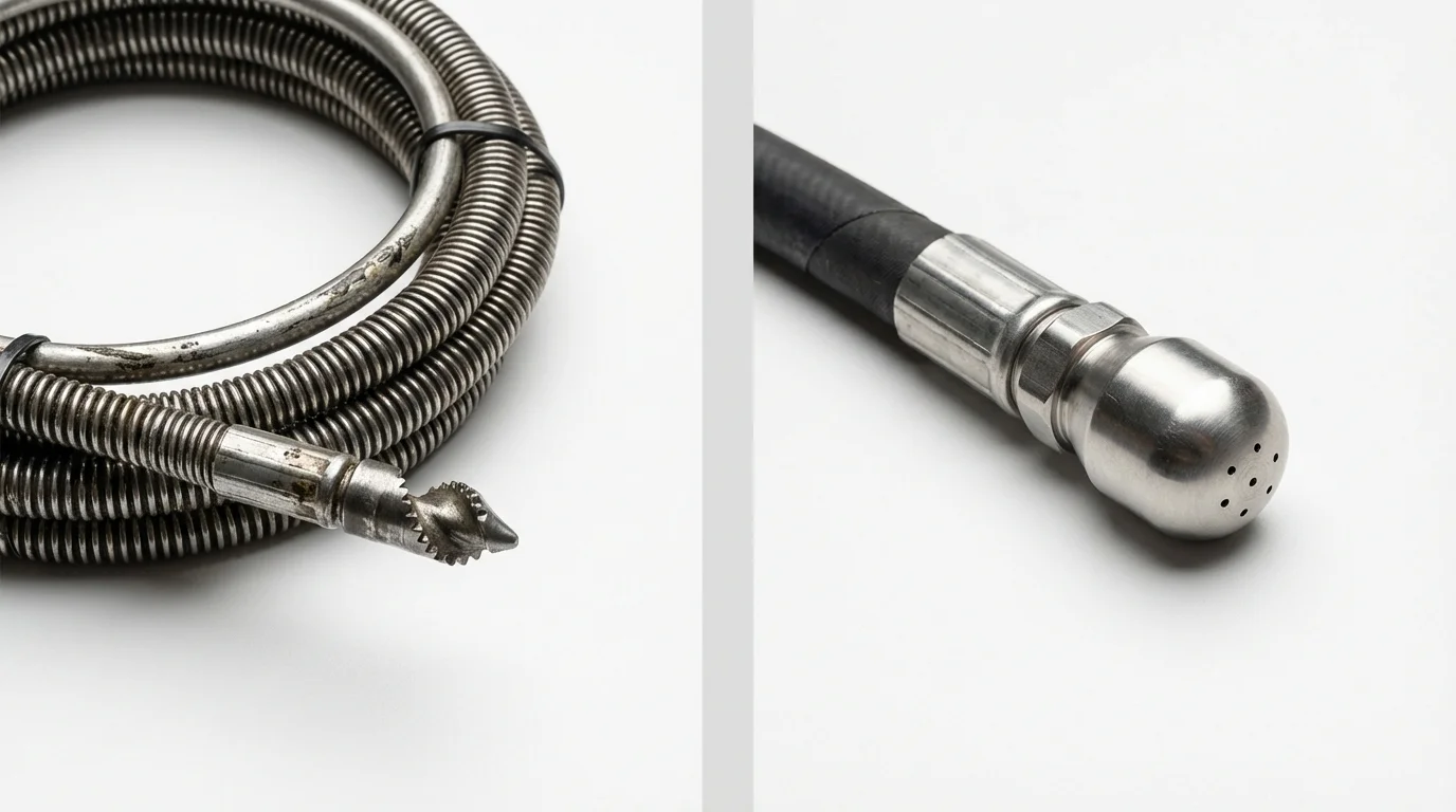 Drain snake cable and hydro jetting nozzle used for drain cleaning in West Hollywood, CA
