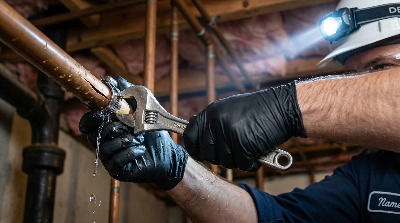 Emergency pipe clamp repair being performed by a Johns Plumbing LLC plumber in West Hollywood