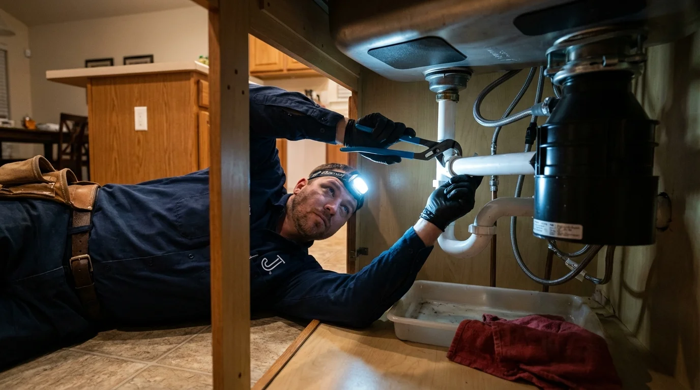 P-trap and supply line connections under a kitchen sink showing a common leak point in West Hollywood, CA